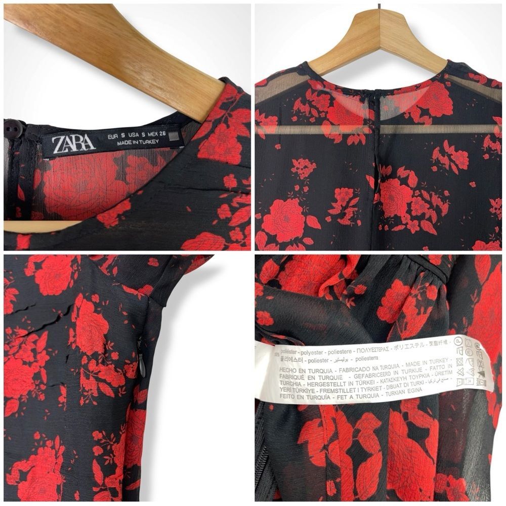 Zara Rose Floral Semi-Sheer Chiffon Puff Sleeve Peplum Blouse - Picture 11 of 12